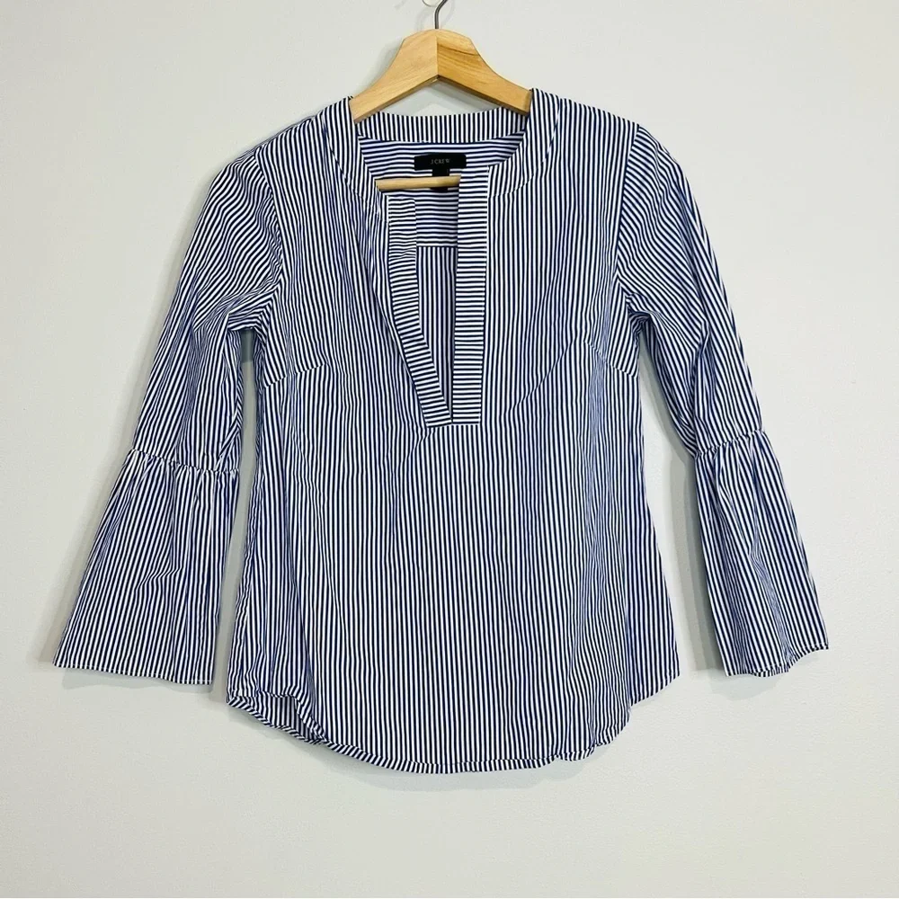 J. Crew Navy Deep V-Neck Bell Sleeve Striped Blouse 000